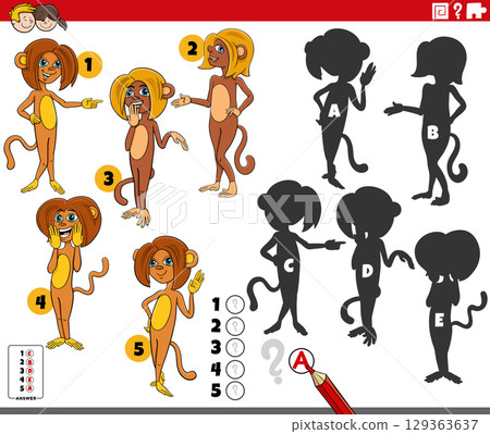 finding shadows puzzle with cartoon monkeys animal characters 129363637