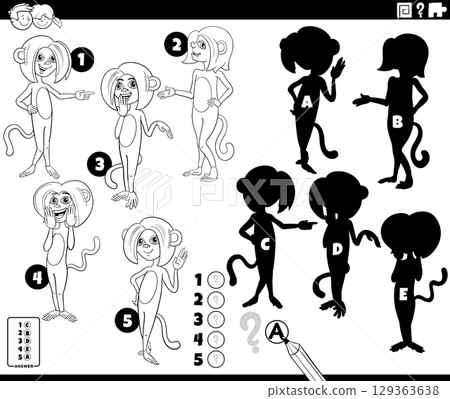 shadows puzzle with cartoon monkeys animal characters coloring page 129363638