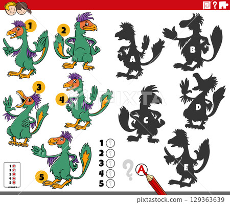 finding shadows puzzle with cartoon Caudipteryx characters 129363639