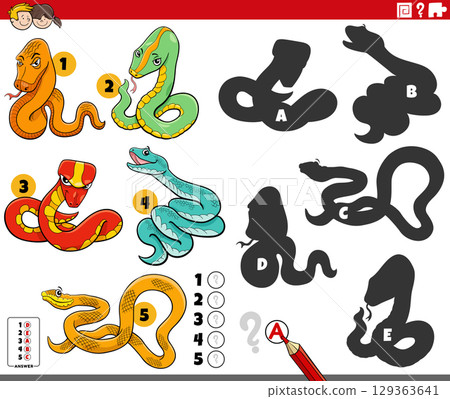 finding shadows puzzle with cartoon snakes animal characters 129363641