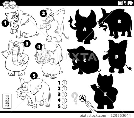 shadows puzzle with cartoon elephants animal characters coloring page 129363644