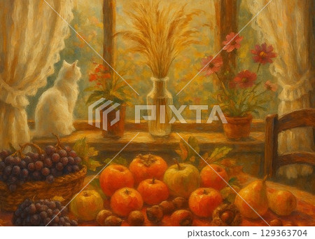 秋日窗邊的靜物，豐收的午後 129363704