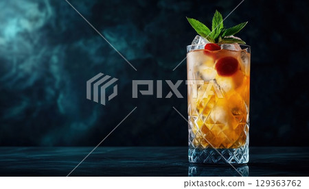 Front View Of Cuba Libre Cocktail Made Fresh With Copy Space On Dark Background 129363762