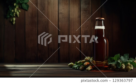 Fresh Craft Beer And Ingredients Displayed With Beer Bottle 129363797