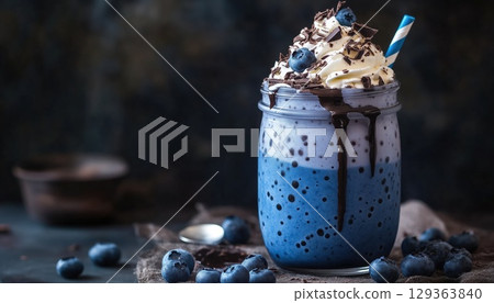 Blue Bubble Milkshake Topped With Whipped Cream And Chocolate 129363840