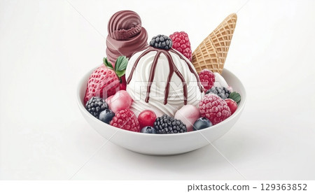 Delicious Vanilla Gelato With Fresh Berries Served In A White Ice Cream Bowl 129363852