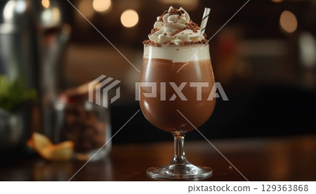 Side View Presentation Of Hot Chocolate Shake In A Glass On A Table 129363868
