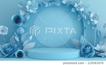 Abstract Blue Floral Frame With Full Paper Flowers 129363876