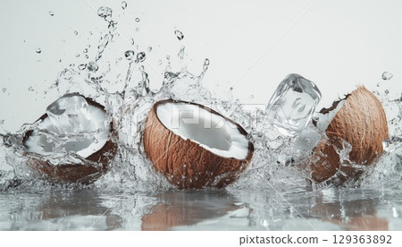 Coconut Pieces Submerged In Splashing Water With Ice Cubes 129363892