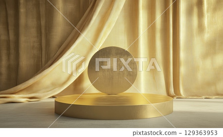 Golden Fabric Flutter Scene With Geometric Shapes For Pedestal Show 129363953