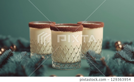 Enjoy Eggnog In Festive Glasses With A Cocoa Rim For A Classic Christmas Winter Drink Experience 129363954