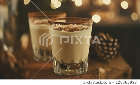 Eggnog Served In Glasses With Cocoa Rim 129363958