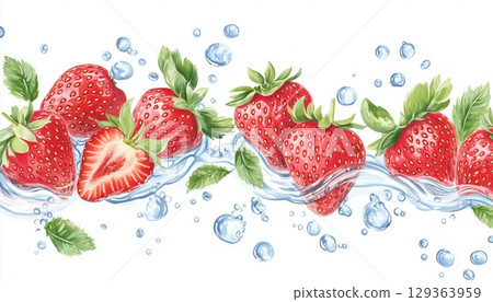 Red Strawberries Splashing In Refreshing Water Against A White Background 129363959
