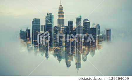 Luxurious Modern Highrise Buildings And City Double Exposure Ideal For Business And Finance Purposes 129364009