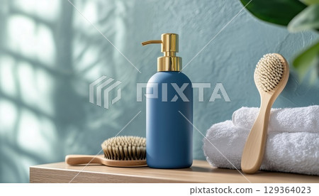 Stylish Matte Blue Spa Cosmetic Bottle With Gold Pump Dispenser On Wooden Shelf With Natural 129364023
