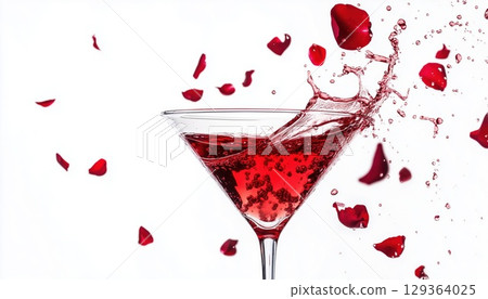 Stunning Red Valentine Martini Cocktail With Floating Rose Petals In A Studio Shot On White 129364025