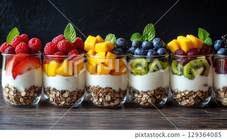 Assorted Fruit And Berry Sweet Yogurts In Glass Jars 129364085