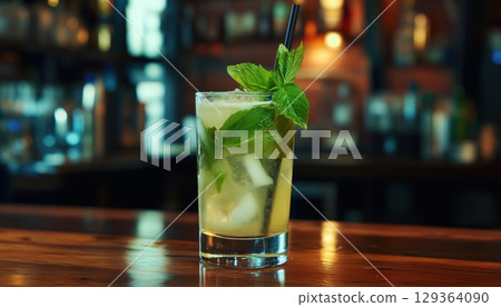 Refreshing Mojito Beverage Served On A Rustic Wooden Surface 129364090