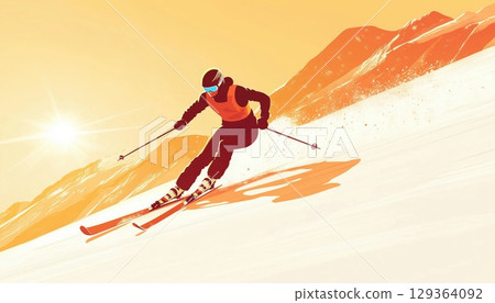 Man Skier Carving Down Sunny Alpine Slope With Speed And Precision 129364092
