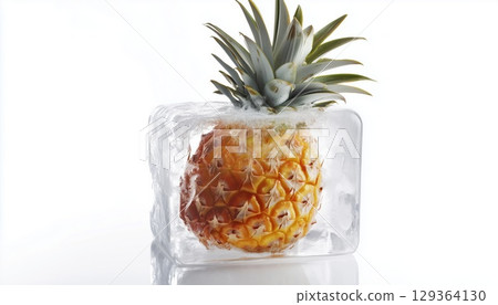 Frozen Pineapple In Ice Cube On A White Background 129364130