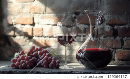 Glass Of Red Wine And Decanter Displayed With Grapes Against A Brick Wall Background 129364137