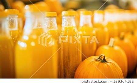 Healthy Pumpkin Juice Bottles With A Focus On Selective 129364198