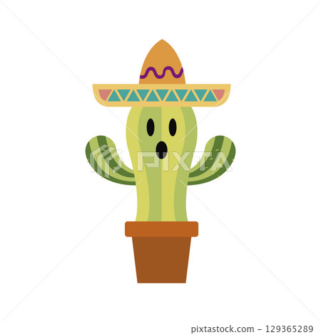 Cactus face with sombrero hat. Vector 129365289