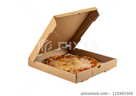 Fresh pizza in open cardboard box isolated, cheesy pizza with steam rising 129365369