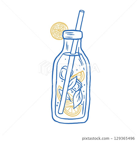 Hand draw fresh lemonade in a glass bottle with lemon slices and ice vector illustration. Amalfi citrus Italian drink doodle sketch style 129365496