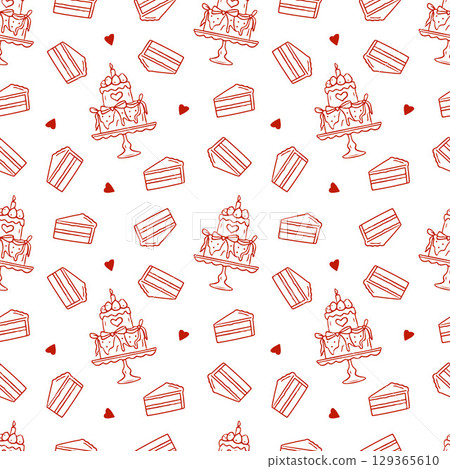 Seamless pattern with red whimsical cake illustration. Hand drawn doodle sketch for wedding, birthday, party illustration. Vector illustration Seamless pattern with red whimsical cake illustration. Hand drawn doodle sketch for wedding, birthday, party illustration. Vector illustration 129365610