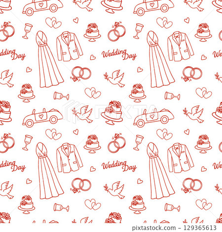 Wedding seamless pattern with line icons. Wedding illustrations seamless pattern. Pattern with Wedding rings, brides dress, grooms outfit, doves. Red icons. Background for weddings, valentines day Wedding seamless pattern with line icons. Wedding illustrations seamless pattern. Pattern with Wedding rings, brides dress, grooms outfit, doves. Red icons. Background for weddings, valentines day 129365613