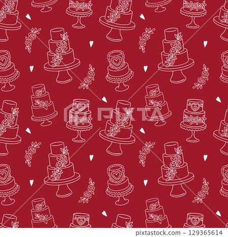 Red seamless pattern with whimsical cake illustration. Hand drawn doodle sketch for wedding, birthday, party illustration. Vector illustration Red seamless pattern with whimsical cake illustration. Hand drawn doodle sketch for wedding, birthday, party illustration. Vector illustration 129365614
