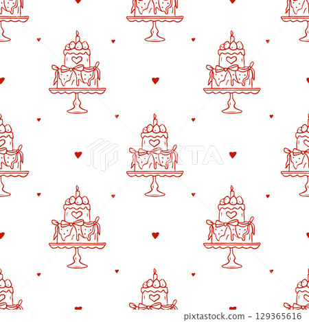 Seamless pattern with red whimsical cake illustration. Hand drawn doodle sketch for wedding, birthday, party illustration. Vector illustration 129365616