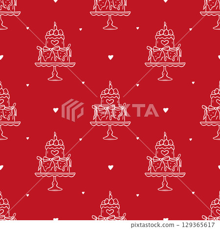 Red seamless pattern with whimsical cake illustration. Hand drawn doodle sketch for wedding, birthday, party illustration. Vector illustration 129365617