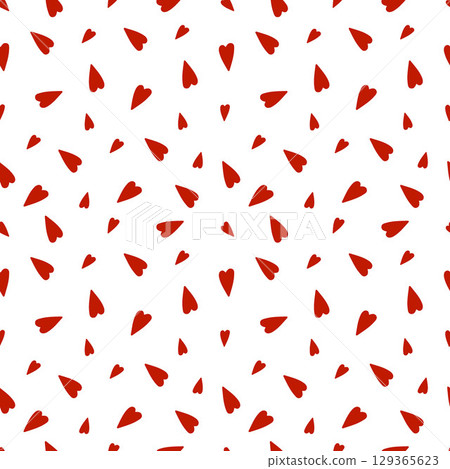 Heart seamless pattern. Pattern with red hearts on white background. Repeating love background. Pattern for weddings, Valentines day. Repeating scattered hearts for designer prints. Scattered graphic 129365623