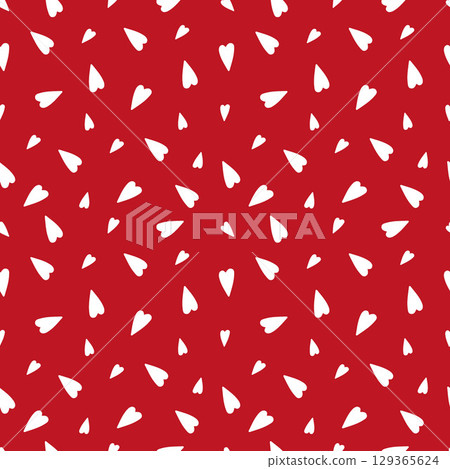 Heart red seamless pattern. Pattern with white hearts on red background. Repeating love background. Pattern for weddings, Valentines day. Repeating scattered hearts for designer prints. Scattered Heart red seamless pattern. Pattern with white hearts on red background. Repeating love background. Pattern for weddings, Valentines day. Repeating scattered hearts for designer prints. Scattered 129365624