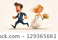 Humorous illustration of bride and groom running away from their wedding  129365661