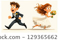 Scene of bride and groom running away from their wedding, humorous illustration 129365662