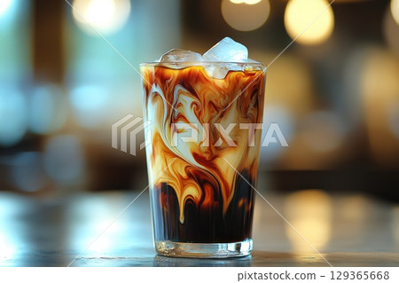 Refreshing iced coffee drink swirling with milk and topped with ice cubes, served in glass on table 129365668