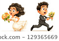 Humorous scene of bride and groom running away from their wedding, illustration 129365669
