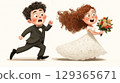 Humorous scene of bride and groom running away from their wedding 129365671