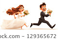 Humorous illustration featuring bride and groom sprinting away from their wedding 129365672