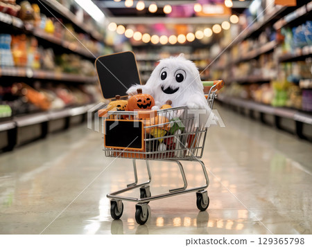 Adorable plush ghost with jack-o-lanterns in mini shopping cart inside supermarket Halloween aisle 129365798