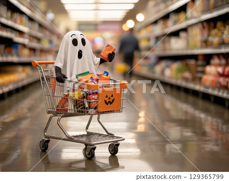 Person in ghost costume pushing Halloween-themed cart full of colorful snacks in supermarket aisle Person in ghost costume pushing Halloween-themed cart full of colorful snacks in supermarket aisle 129365799