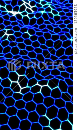 Futuristic glowing hexagonal grid pattern with blue electric lines on a dark background 129365928