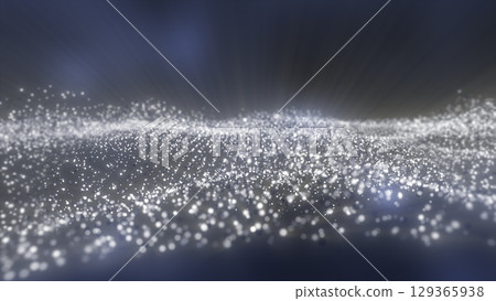 Shimmering white particles forming smooth waves and floating over a soft dark digital landscape Shimmering white particles forming smooth waves and floating over a soft dark digital landscape 129365938
