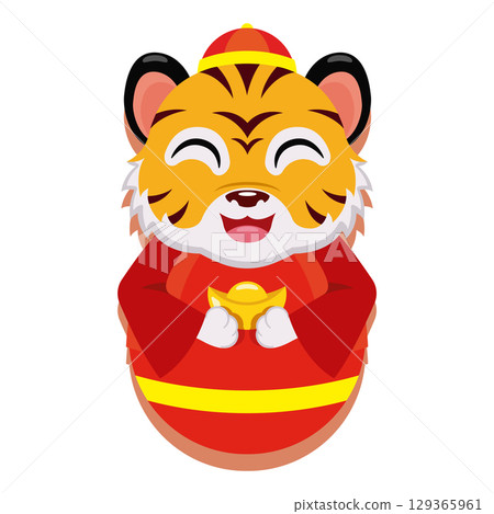 Tiger holding golden ingot. Vector Tiger holding golden ingot. Vector 129365961