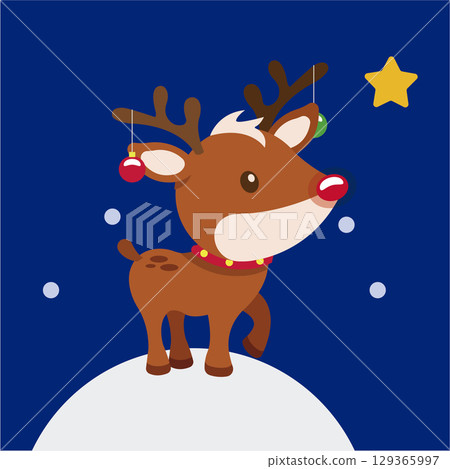 Reindeer Christmas night scene. Vector 129365997