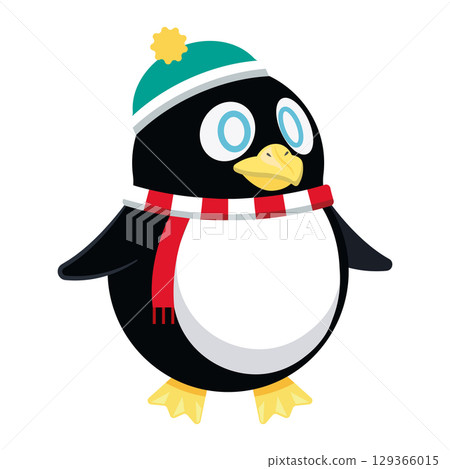 Winter penguin with beanie hat. Vector 129366015