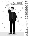 A flat design illustration of a young man character holding a flag to celebrate International Youth Day. Monochrome vector art. 129366047